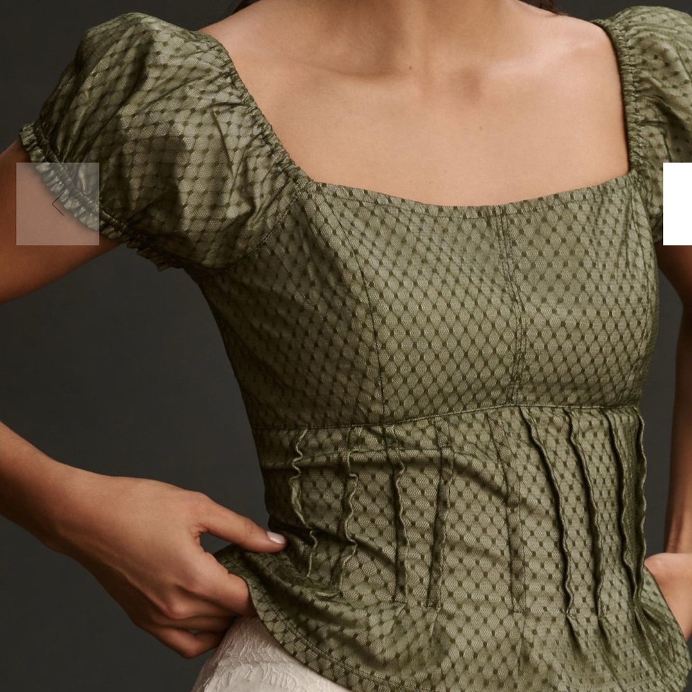 By Anthropologie Puffed Cap-Sleeve Corset Top - Green Motif - size xsm